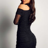 Misspap Black Premium Diamante Mesh High Neck Ruched Mini Dress