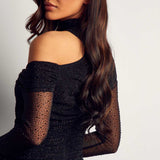 Misspap Black Premium Diamante Mesh High Neck Ruched Mini Dress