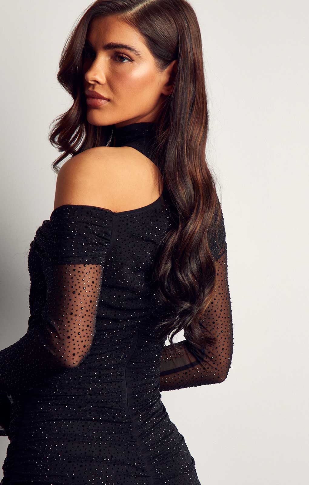Misspap Black Premium Diamante Mesh High Neck Ruched Mini Dress