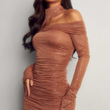 Misspap Brown Premium Diamante Mesh High Neck Ruched Mini Dress