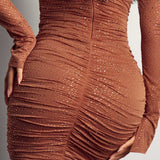 Misspap Brown Premium Diamante Mesh High Neck Ruched Mini Dress