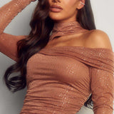 Misspap Brown Premium Diamante Mesh High Neck Ruched Mini Dress
