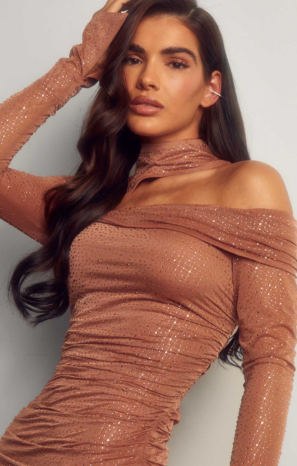 Misspap Brown Premium Diamante Mesh High Neck Ruched Mini Dress