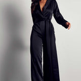 Misspap Black Recycled Satin Wrap Detail Jumpsuit
