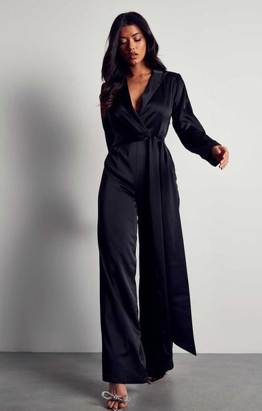 Misspap Black Recycled Satin Wrap Detail Jumpsuit