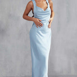 MissPap Light Blue Morgan Premium Cowl Draped Maxi Dress