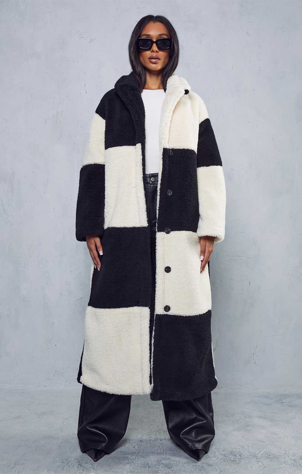 Misspap Black Two Tone Colour Block Teddy Coat