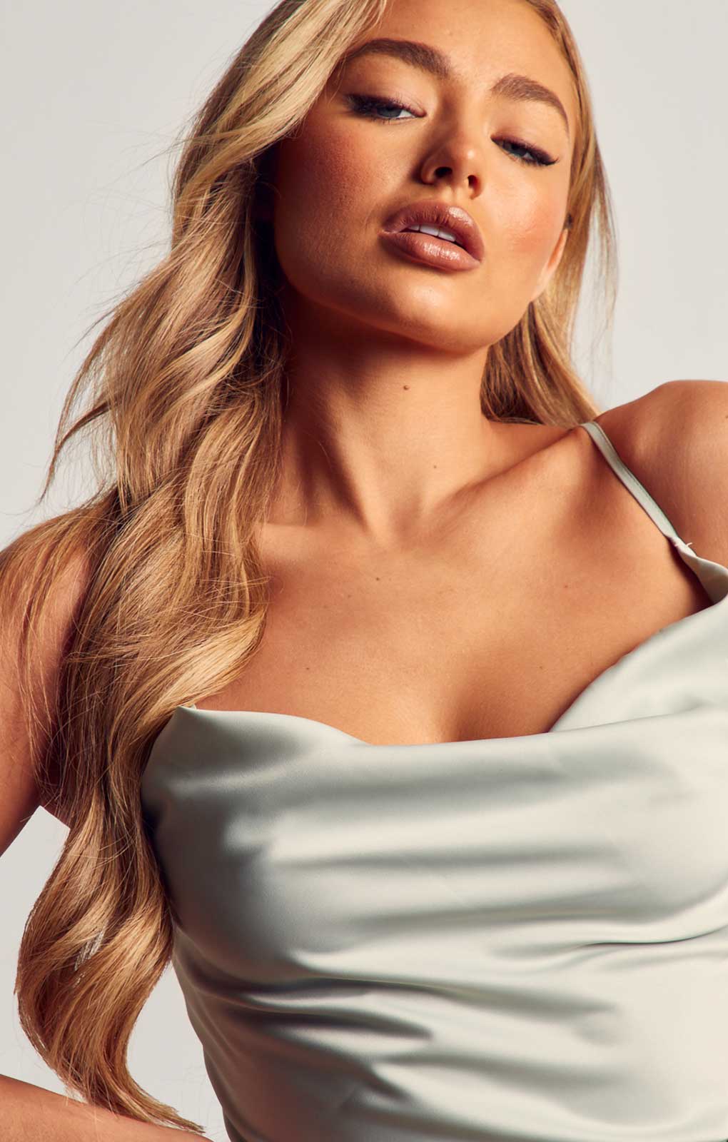 Misspap Sage Premium Satin Cowl Neck Maxi Dress