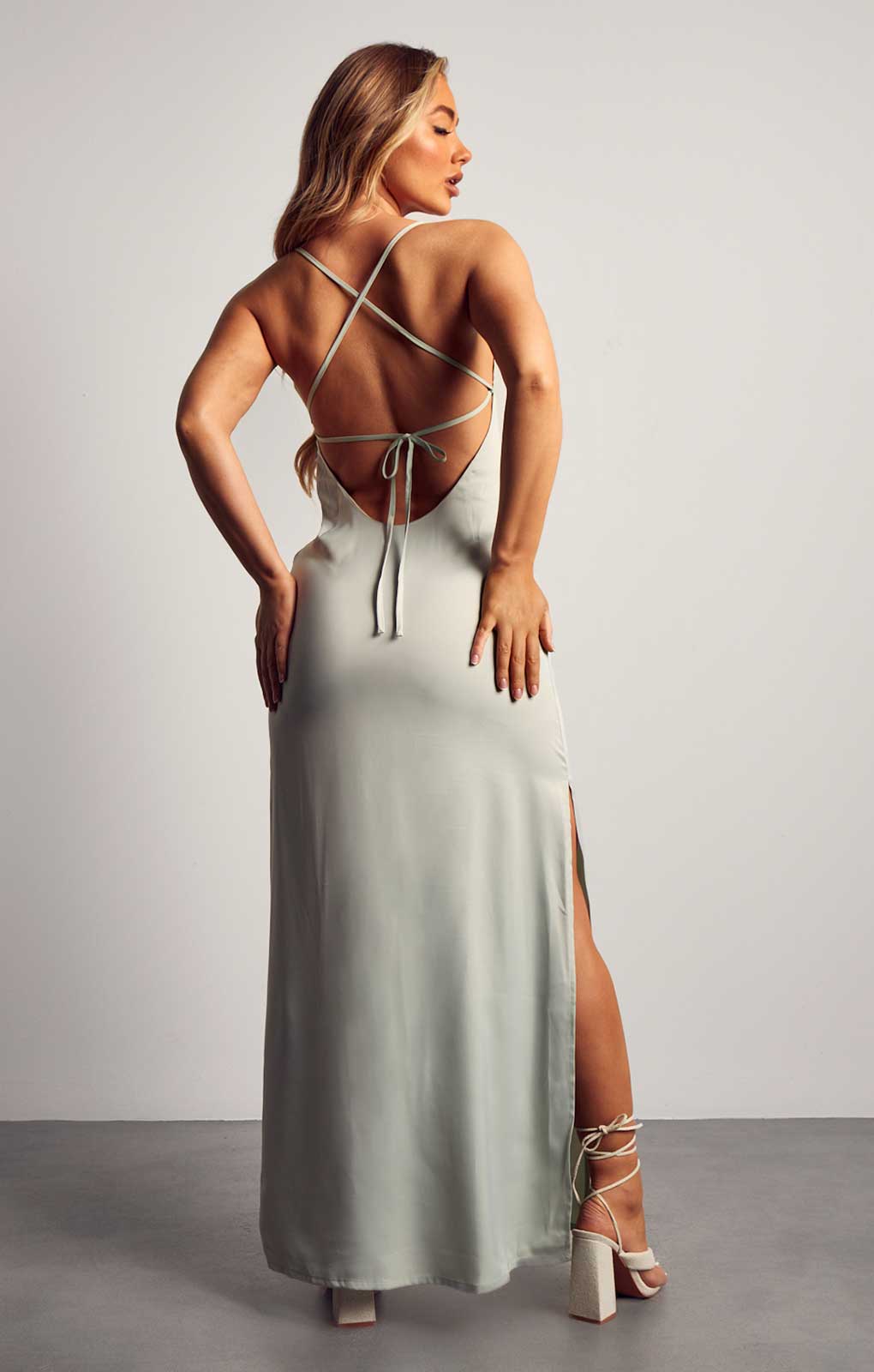 Misspap Sage Premium Satin Cowl Neck Maxi Dress