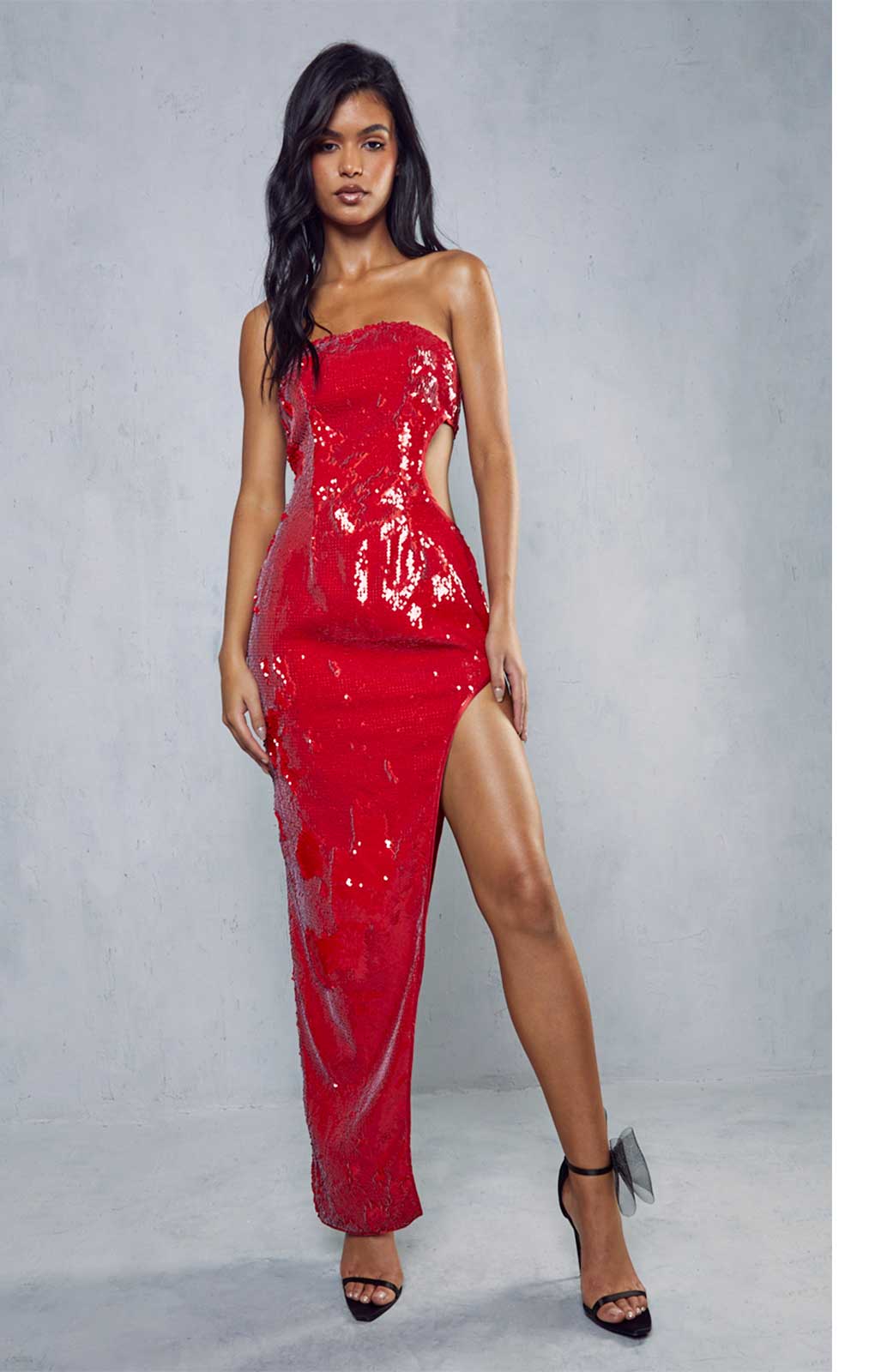 Misspap Red Sequin Cut Out Bandeau Maxi Dress