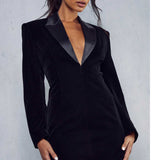 Misspap Black Premium Velvet Satin Lapel Blazer Dress