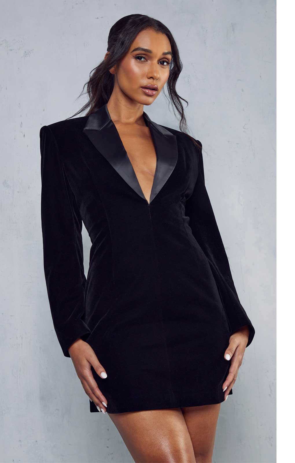 Misspap Black Premium Velvet Satin Lapel Blazer Dress product image