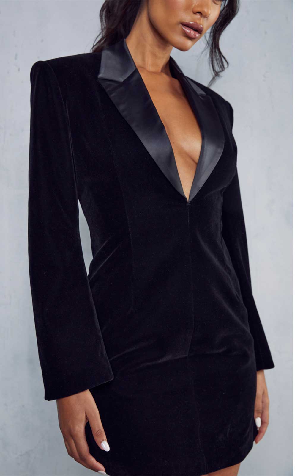 Misspap Black Premium Velvet Satin Lapel Blazer Dress