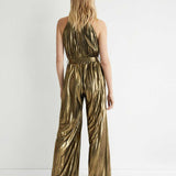 Warehouse Metallic Lame Pleated Halter Neck Jumpsuit