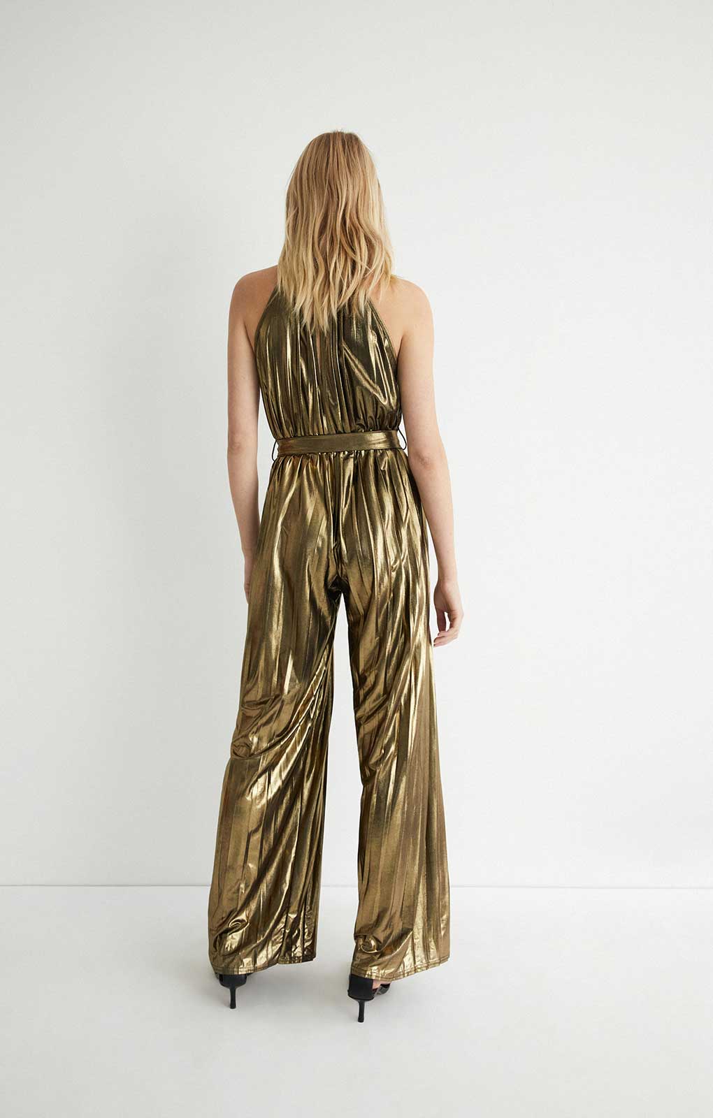 Warehouse Metallic Lame Pleated Halter Neck Jumpsuit