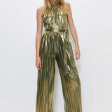 Warehouse Metallic Lame Pleated Halter Neck Jumpsuit