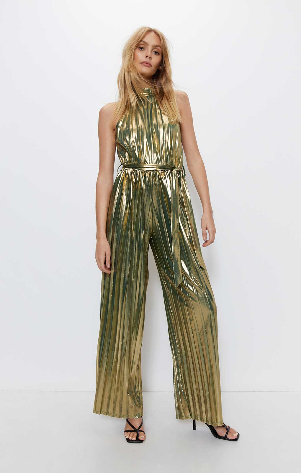 Warehouse Metallic Lame Pleated Halter Neck Jumpsuit