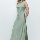 Warehouse Sage Satin Halter Neck Backless Maxi Slip Dress