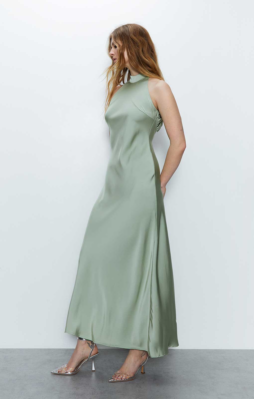 Warehouse Sage Satin Halter Neck Backless Maxi Slip Dress