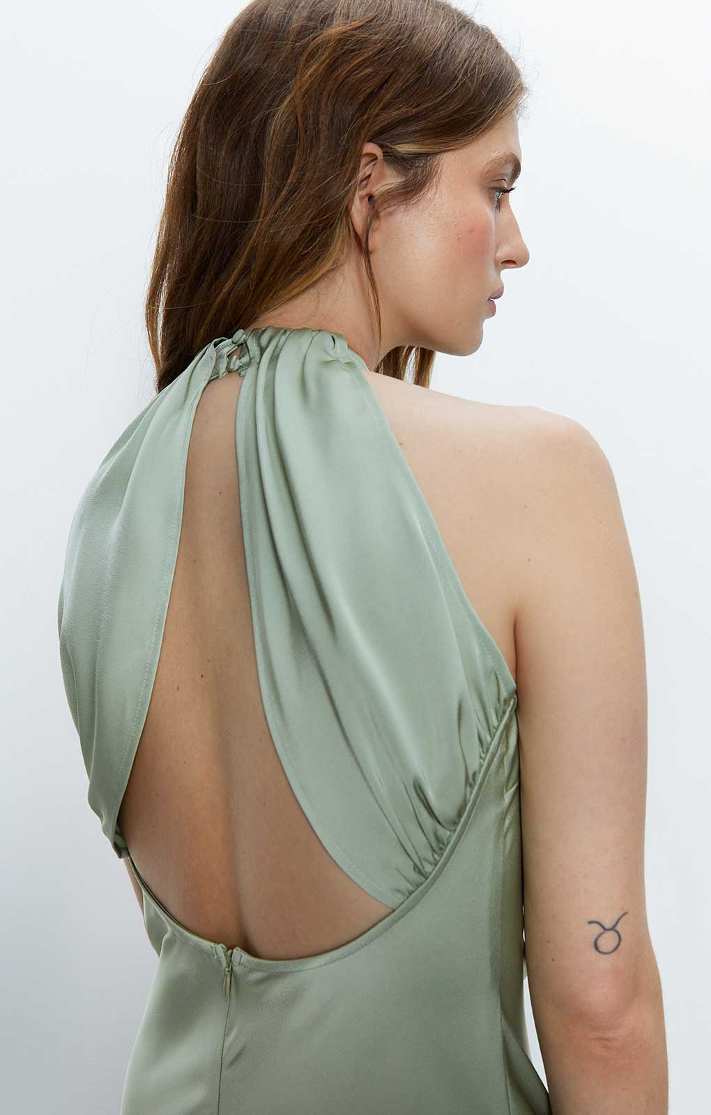 Warehouse Sage Satin Halter Neck Backless Maxi Slip Dress