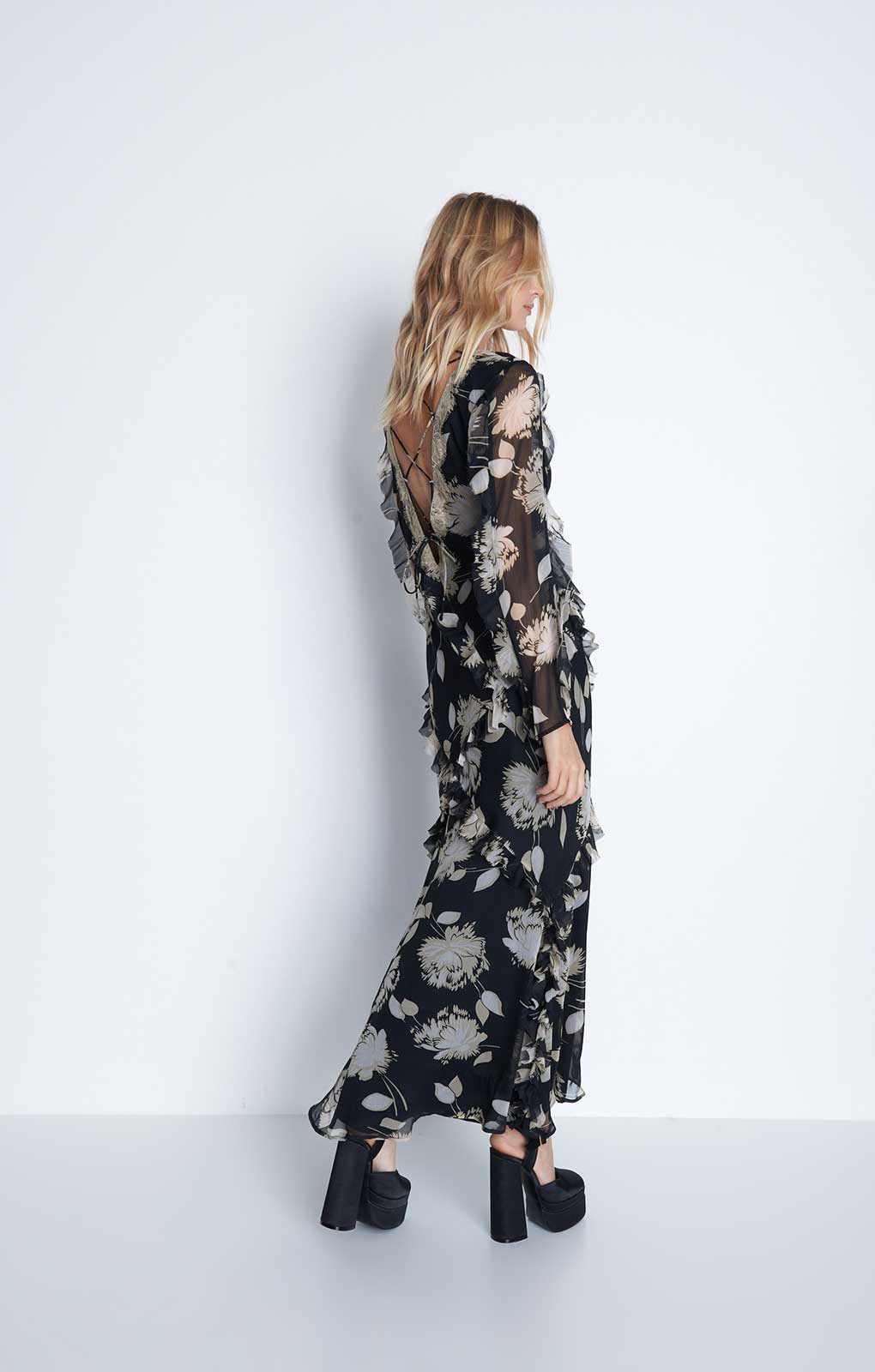 Warehouse Black Chiffon Lace Maxi Dress