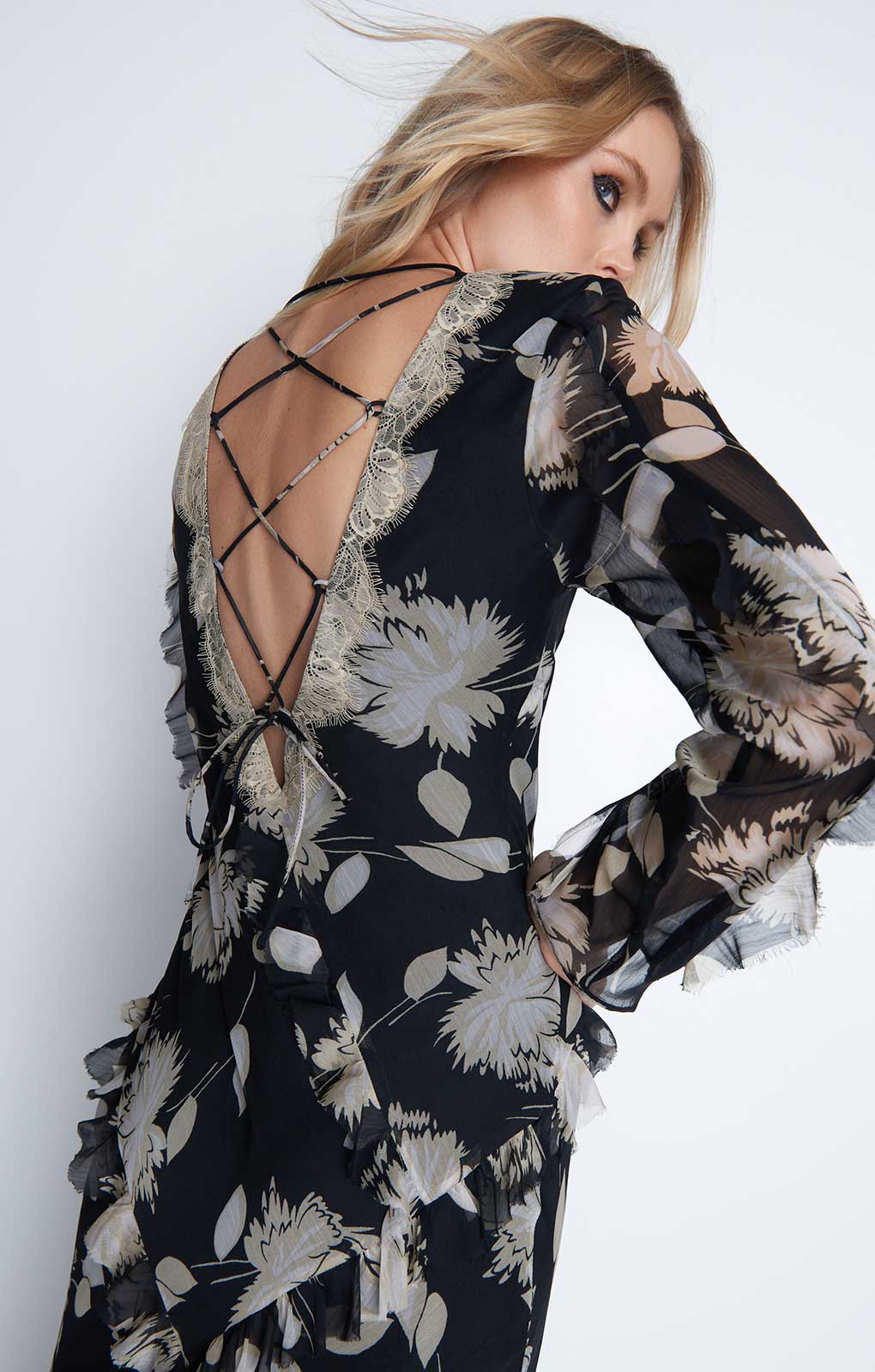 Warehouse Black Chiffon Lace Maxi Dress