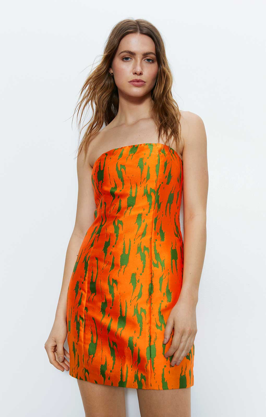 Warehouse Jacquard Orange Print Bandeau Mini Dress