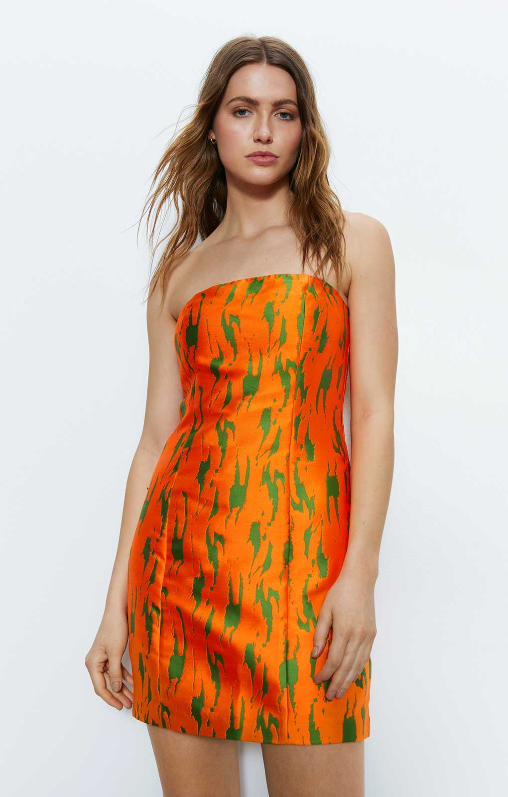 Warehouse Jacquard Orange Print Bandeau Mini Dress product image