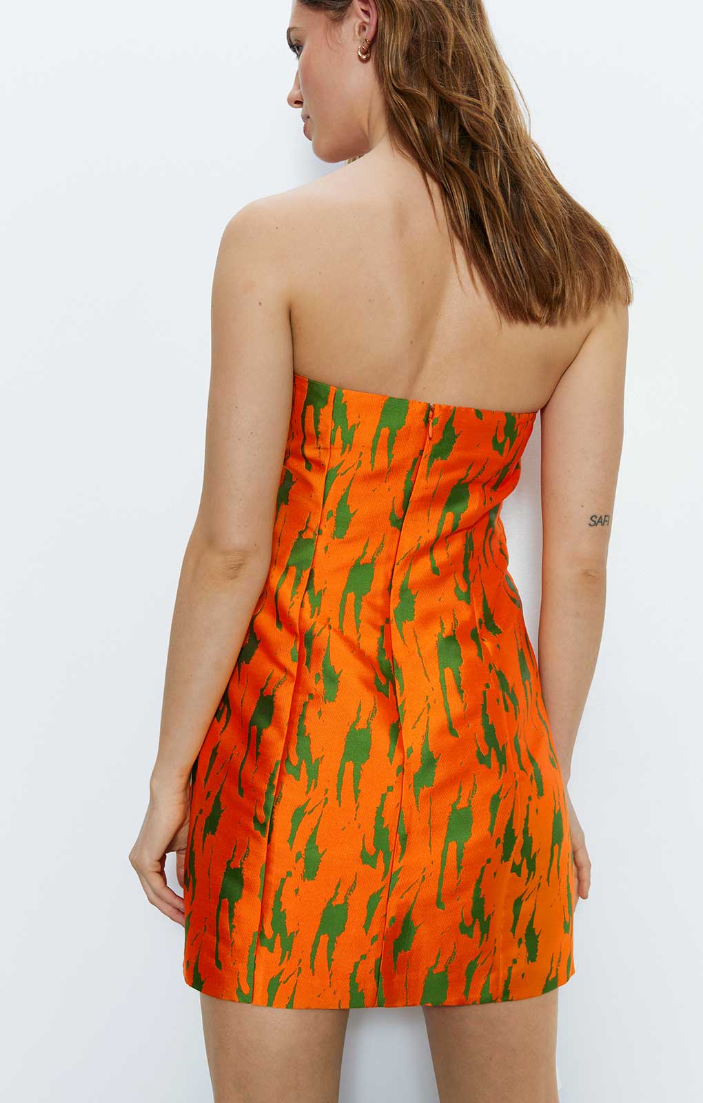 Warehouse Jacquard Orange Print Bandeau Mini Dress