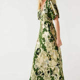 Warehouse Khaki Sparkle Metallic V Neck Floral Midi Dress product image