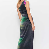 Warehouse Premium Satin Tie Dye One Shoulder Maxi Dress