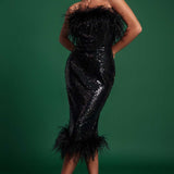 Lavish Alice Bandeau Midi Dress with Feather Trim in Black Sequin