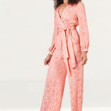 Closet London Peach Jacquard Floral Wrap Jumpsuit