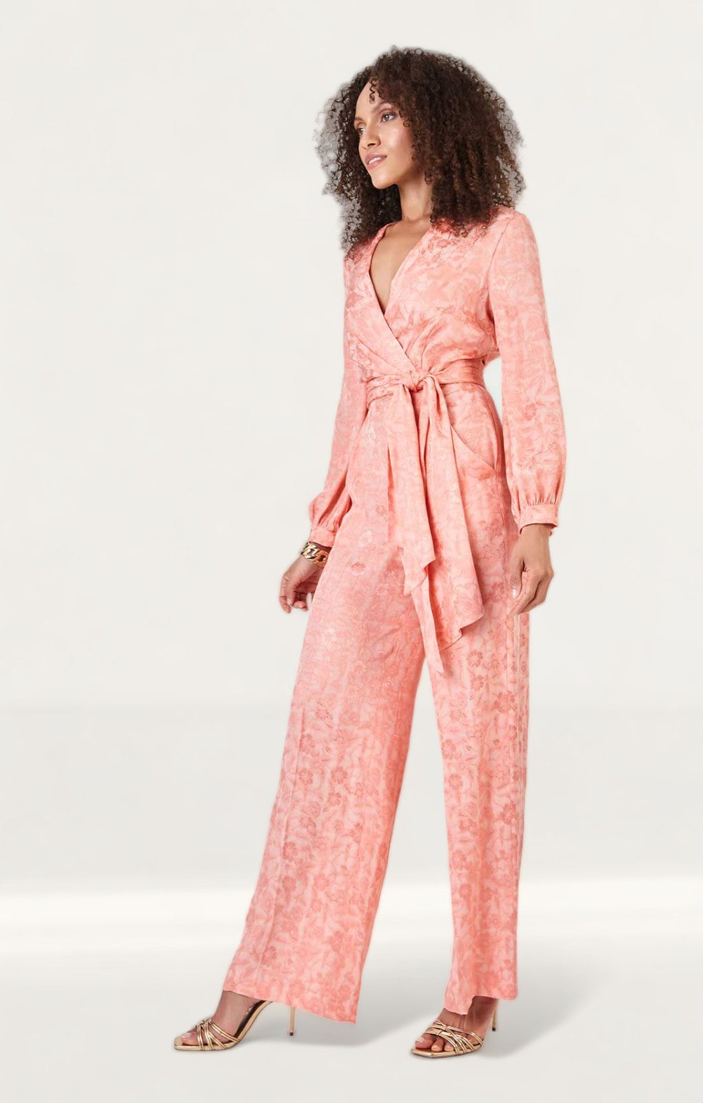Closet London Peach Jacquard Floral Wrap Jumpsuit