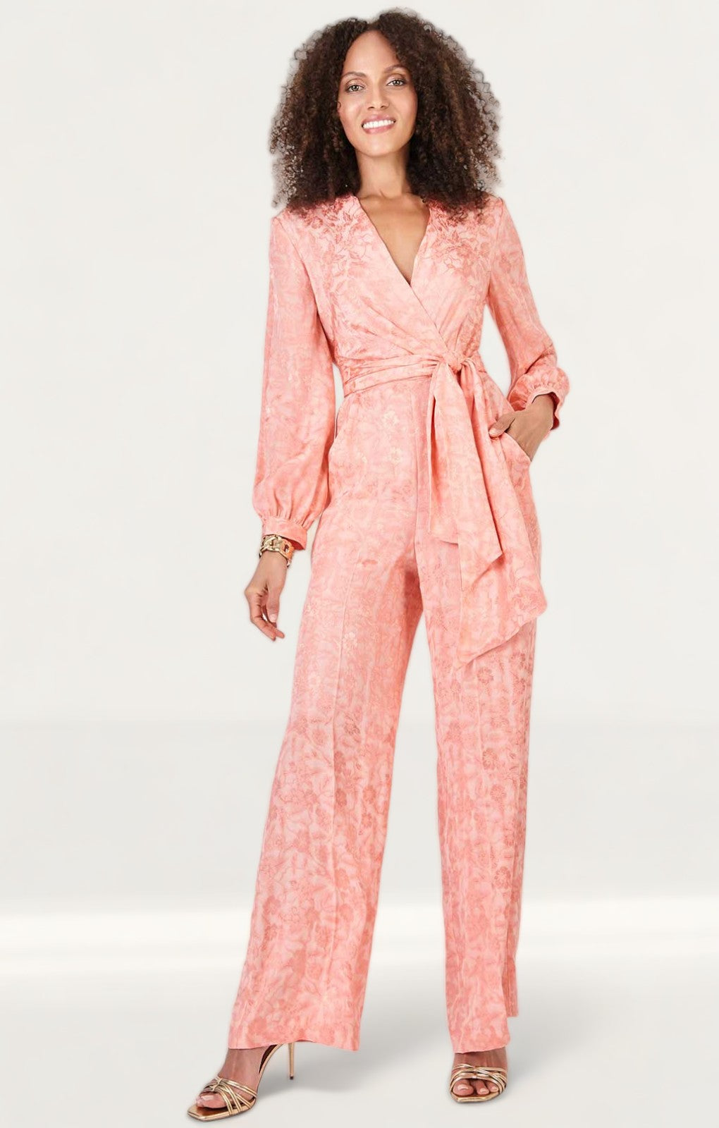 Closet London Peach Jacquard Floral Wrap Jumpsuit