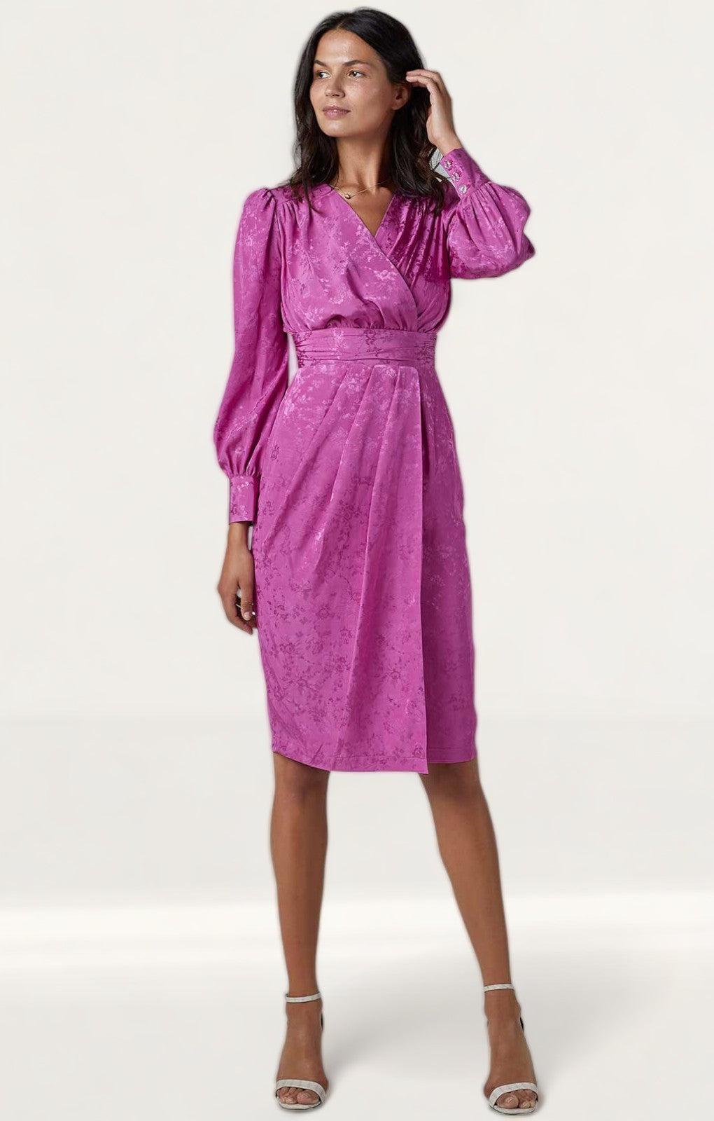 Rent Closet London Pink Floral Jacquard Wrap Pencil Dress Hirestreet