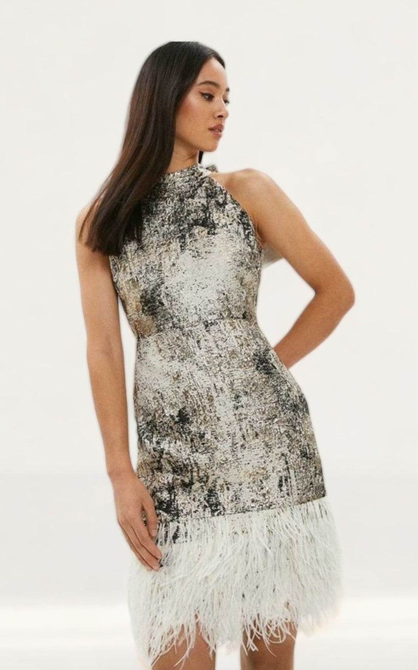 Coast Premium Metallic Jacquard Feather Trim Mini Dress product image