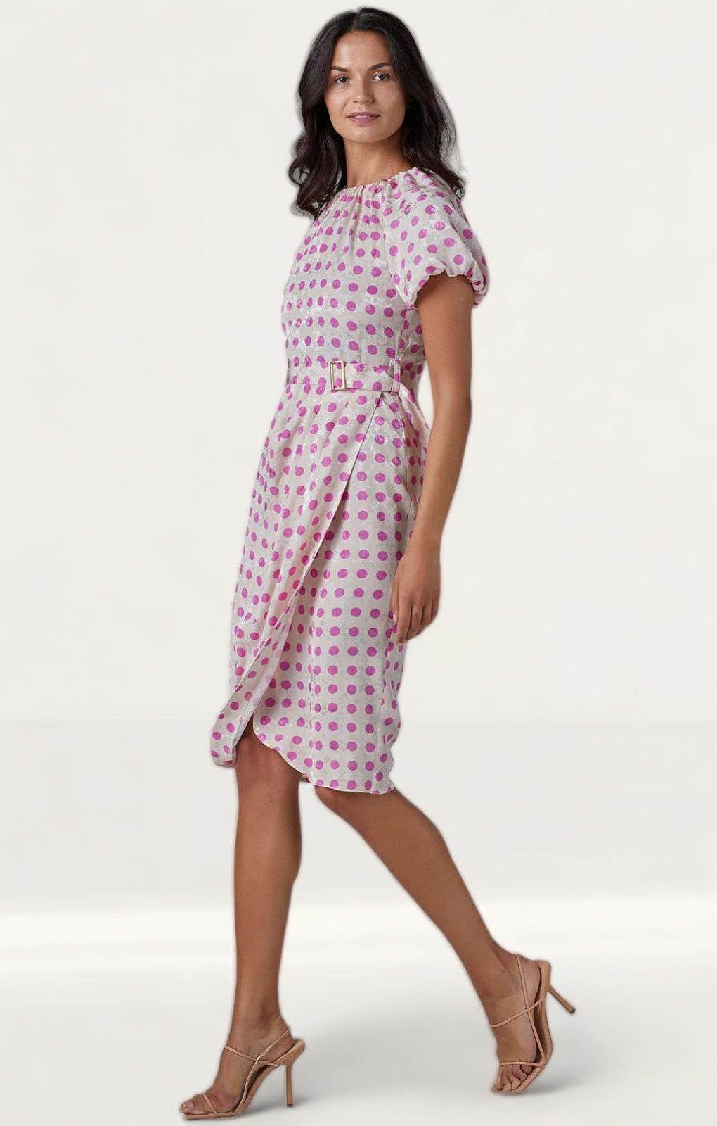 Cream Polka Dot Print Gathered Sleeve Midi Dress product image