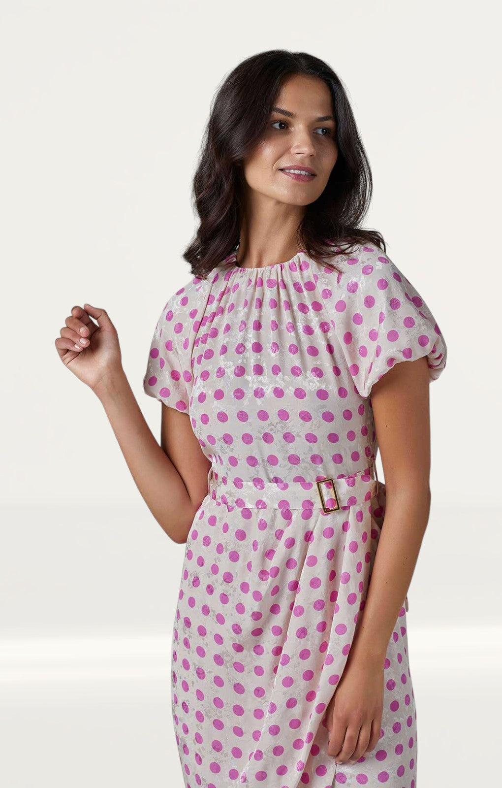 Cream Polka Dot Print Gathered Sleeve Midi Dress product image