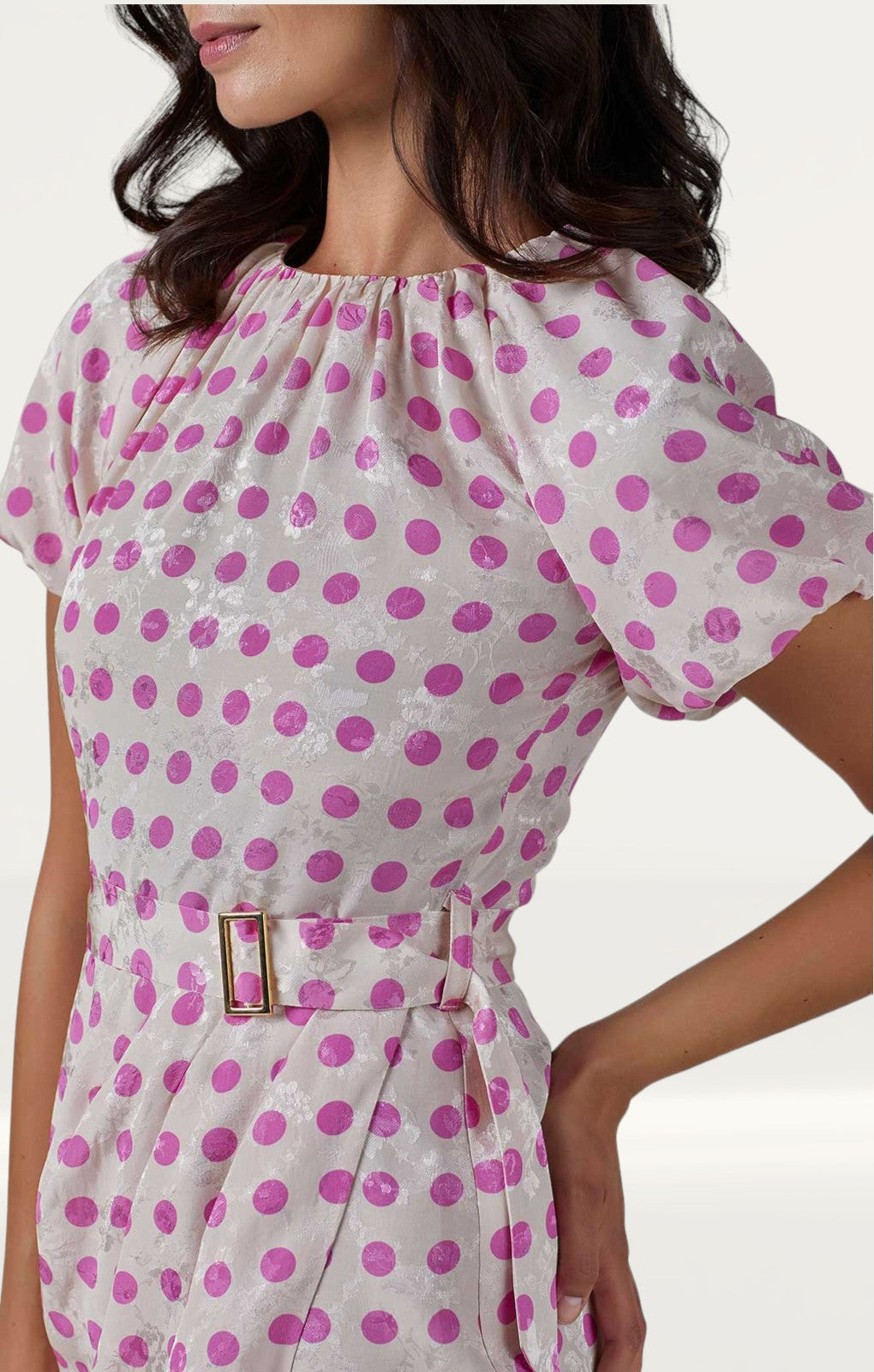 Cream Polka Dot Print Gathered Sleeve Midi Dress product image