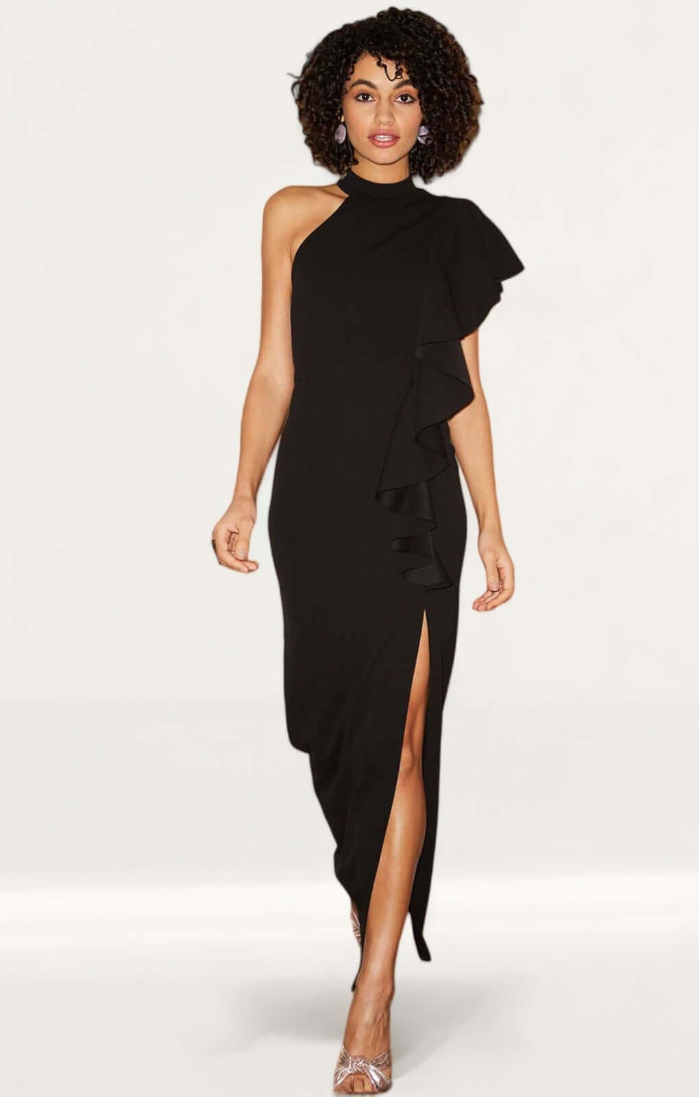 Nuevo Black Draped Frill Halterneck Maxi Dress