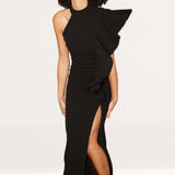 Nuevo Black Draped Frill Halterneck Maxi Dress