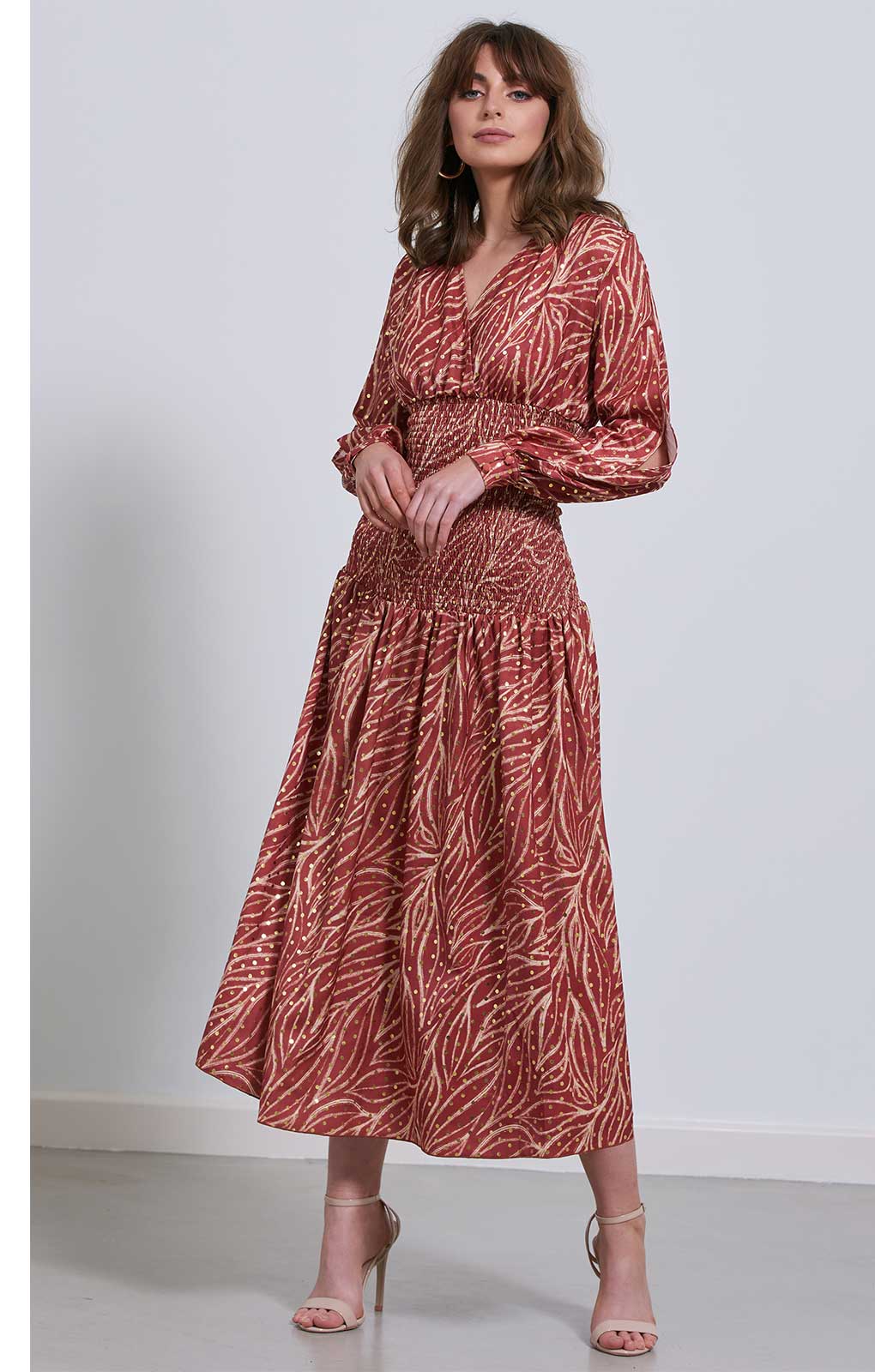 Little Mistress Gold Leaf Midaxi With Shirred Waist