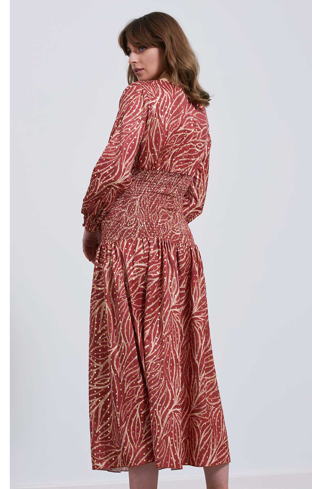 Little Mistress Gold Leaf Midaxi With Shirred Waist