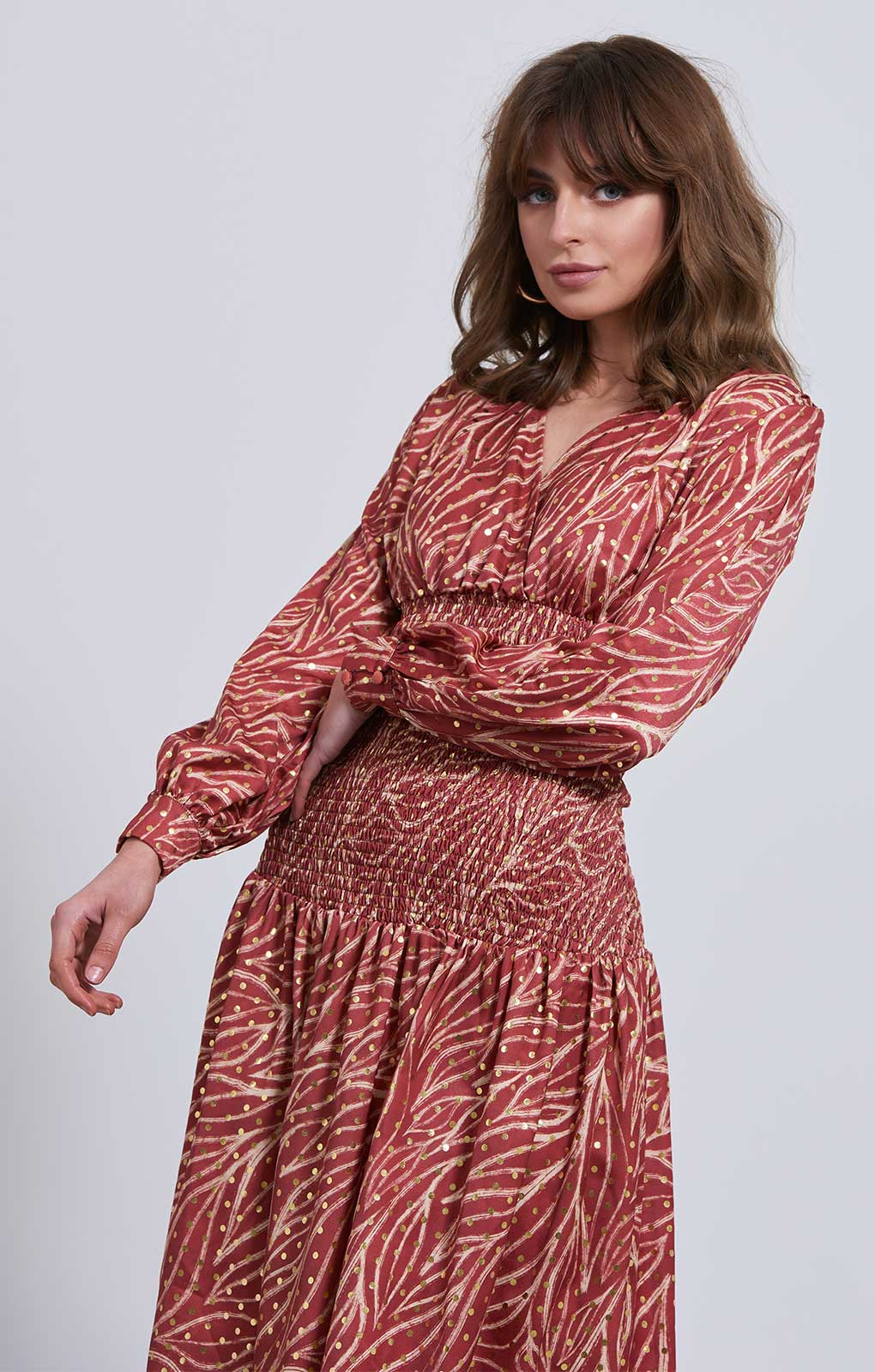 Little Mistress Gold Leaf Midaxi With Shirred Waist