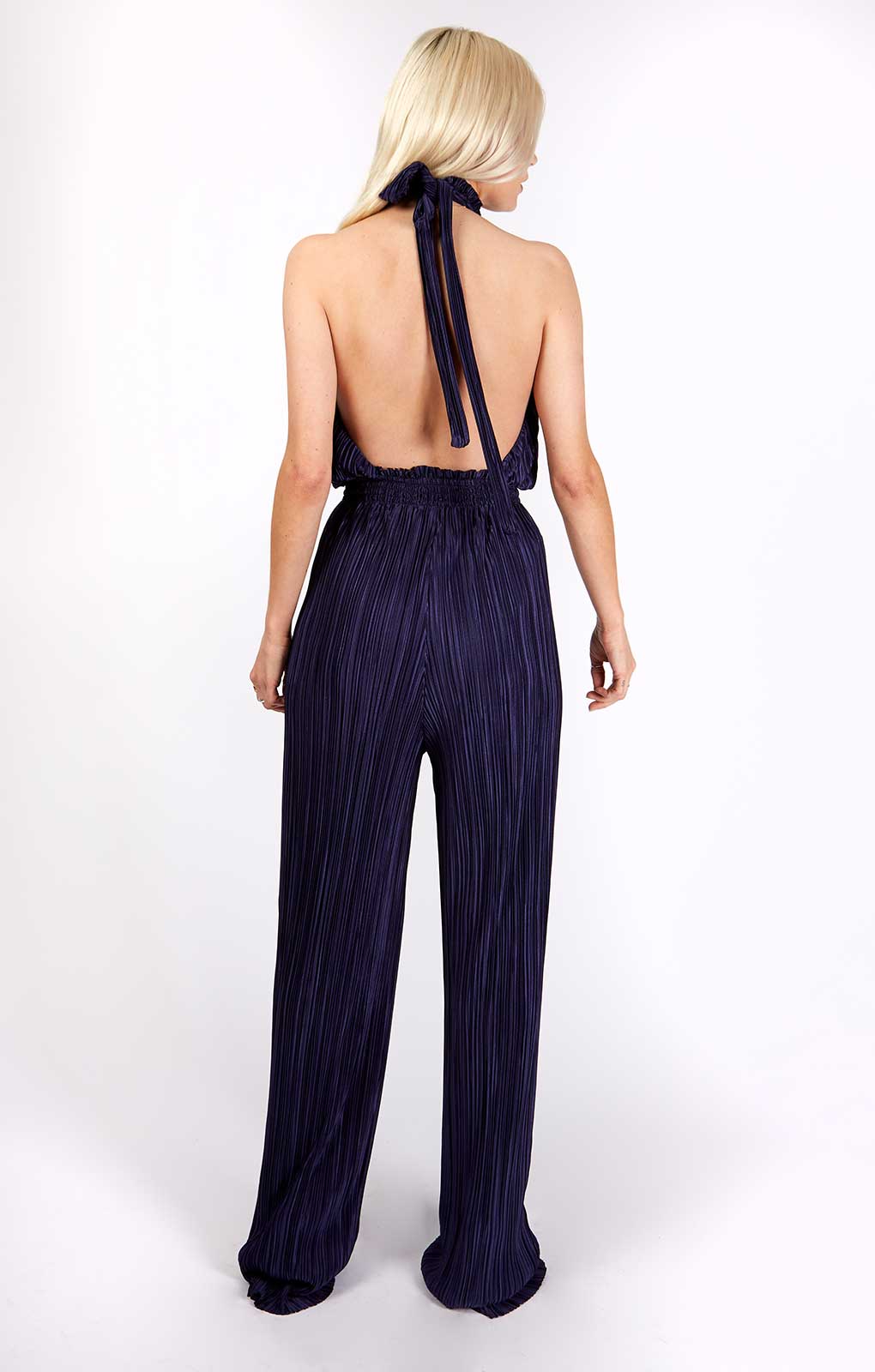 Little Mistress Navy Plisse Jumpsuit by Vogue Williams