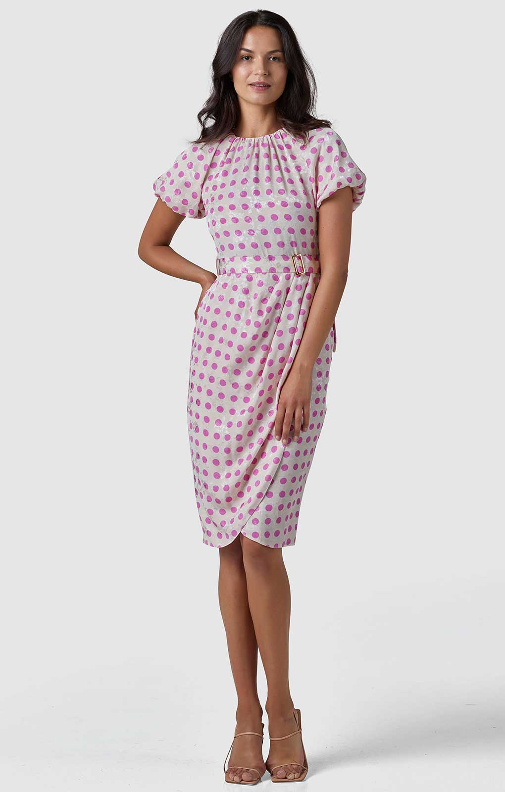 Closet London Cream Polka Dot Print Gathered Sleeve Midi Dress