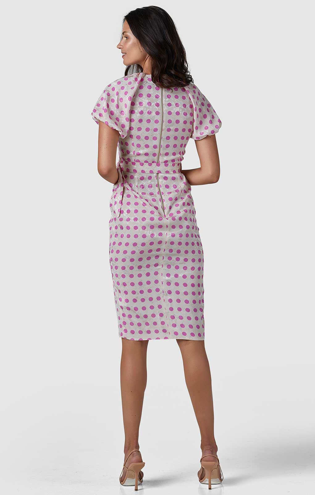 Closet London Cream Polka Dot Print Gathered Sleeve Midi Dress