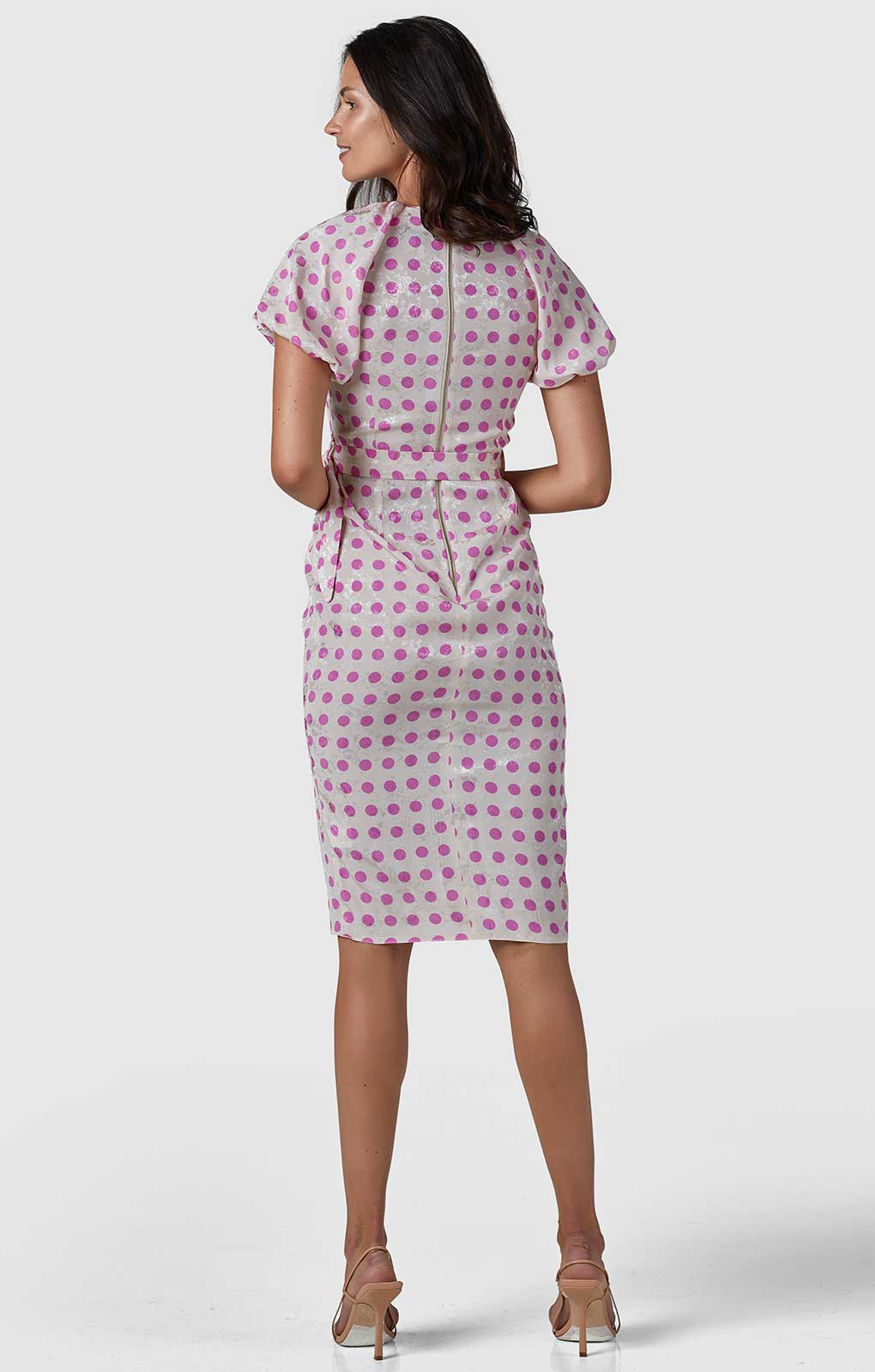 Cream Polka Dot Print Gathered Sleeve Midi Dress product image