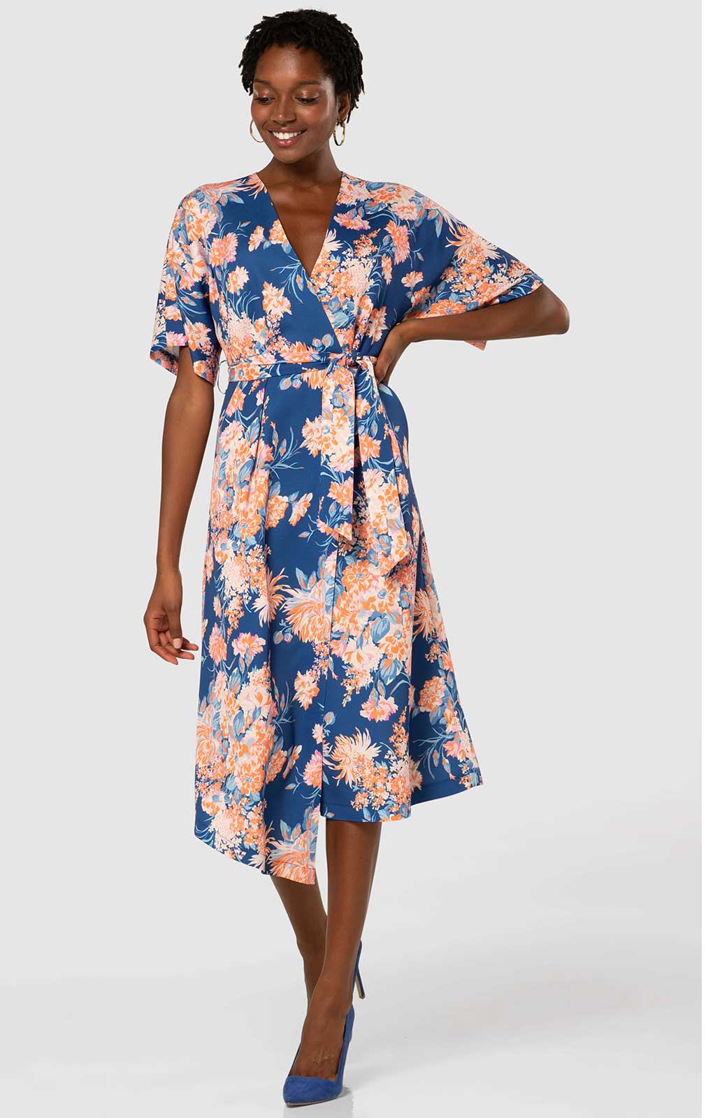 Closet London Royal Blue Floral Print Kimono A-line Midi Dress